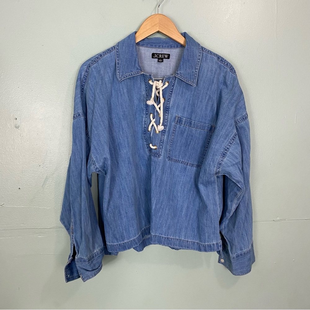 J‎ Crew CA379 Lace Up Pullover Shirt Denim Blue Large
